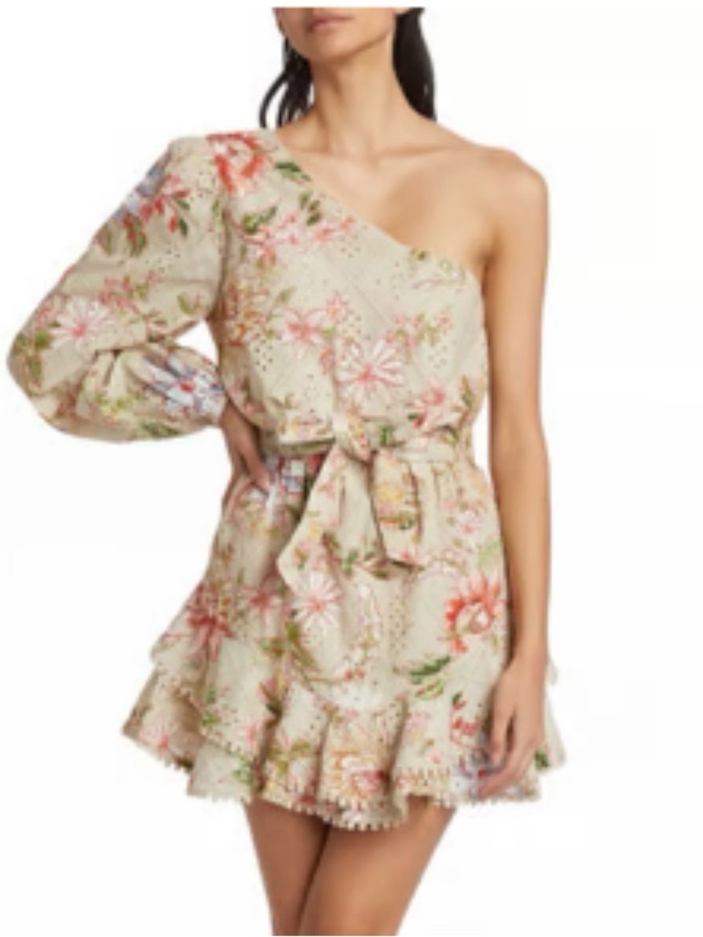HEMANT & NANDITA One-Shoulder Floral Eyelet Dress in Beige, Pink, Green